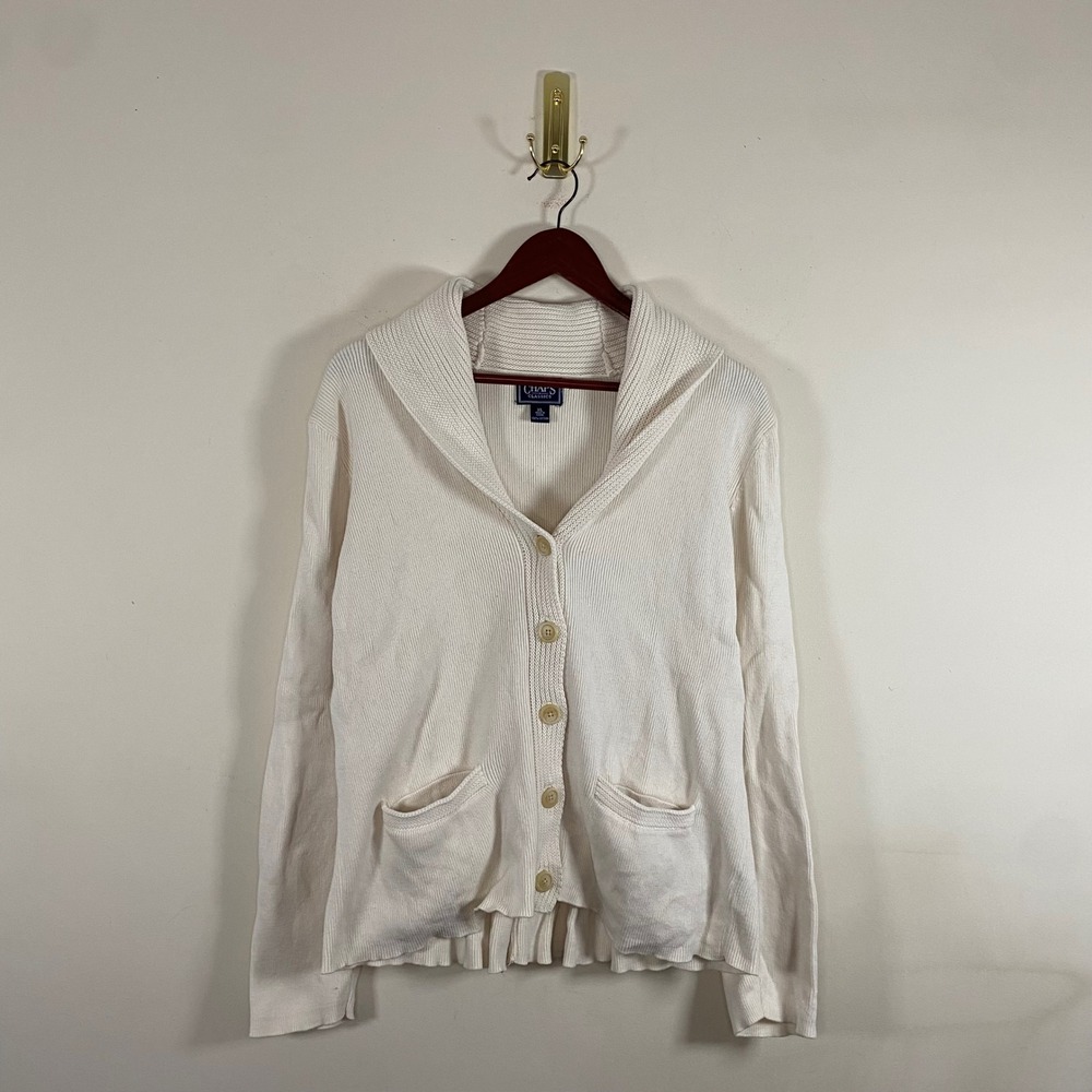 Vintage Chaps Knit‎ Cardigan Sweater Cream Button Up Cape Collar Ruffle Back XL